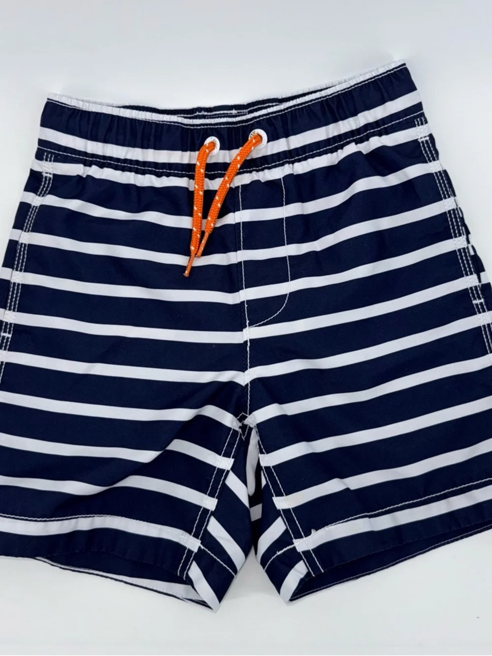 GAP Kids Navy and White Striped Boys Swim Trunks with Orange Drawstring